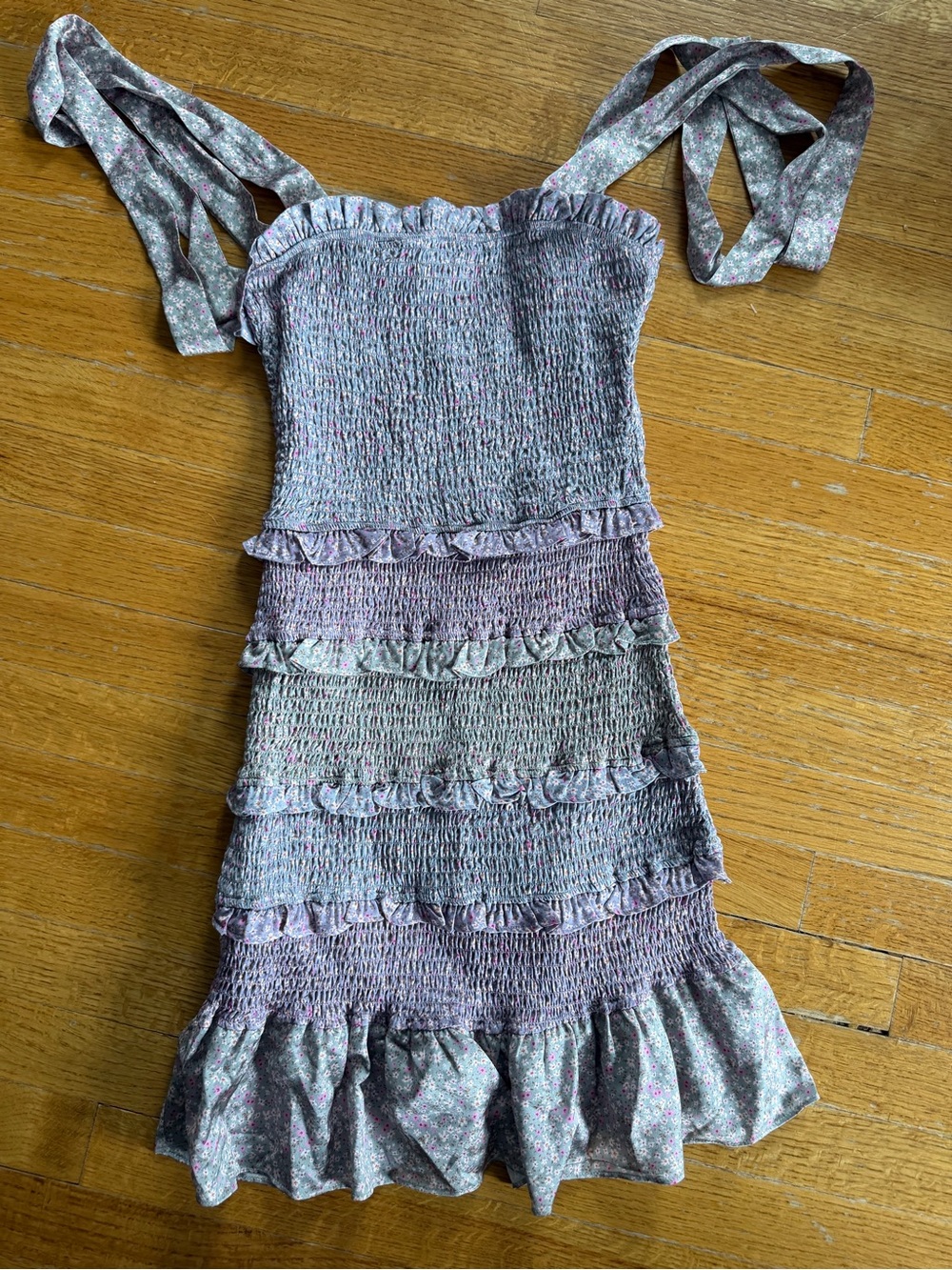 Storia Lavender Floral Smocked Mini Dress with Tie Straps